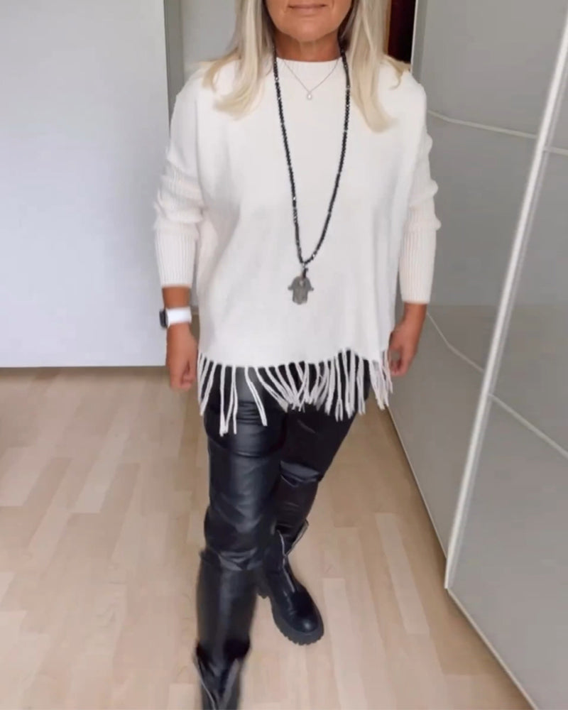 Pull décontracté à franges de couleur unie