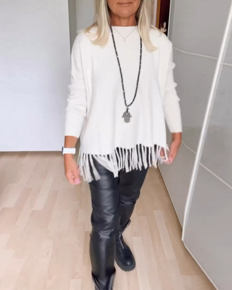 Pull décontracté à franges de couleur unie