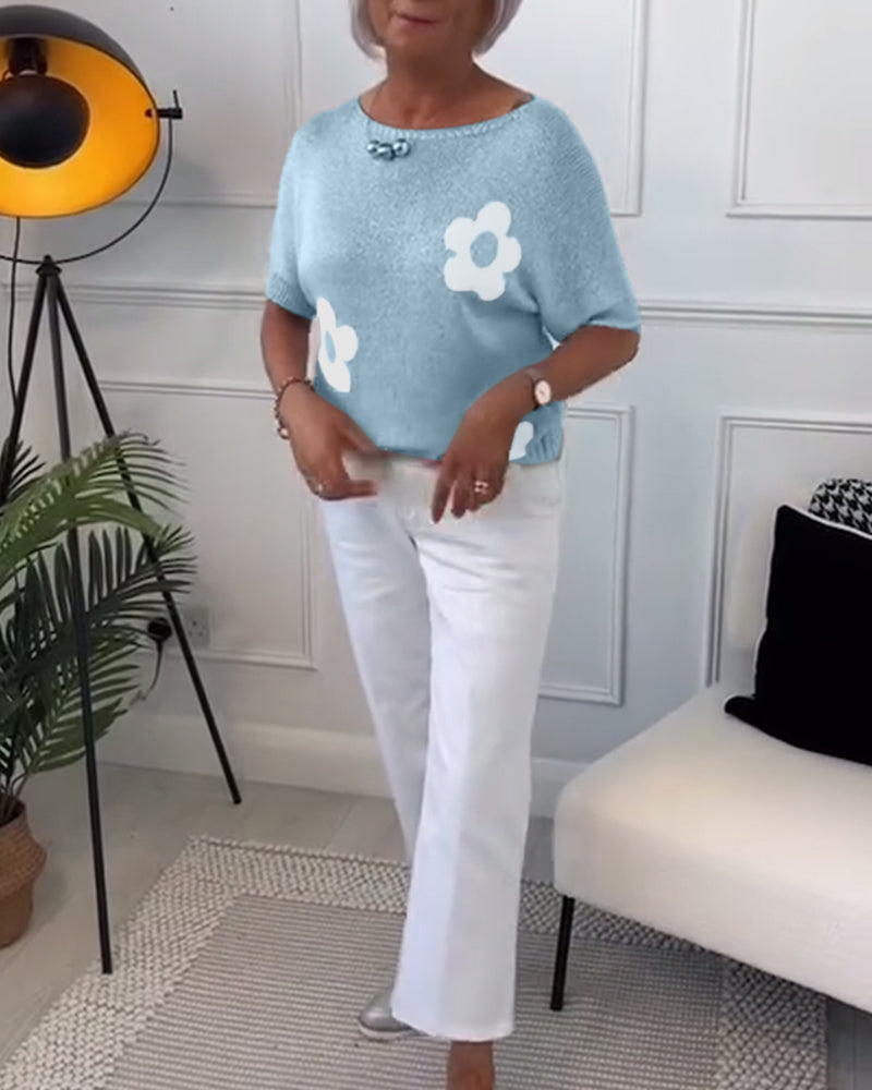 Pull col rond slim fleuri