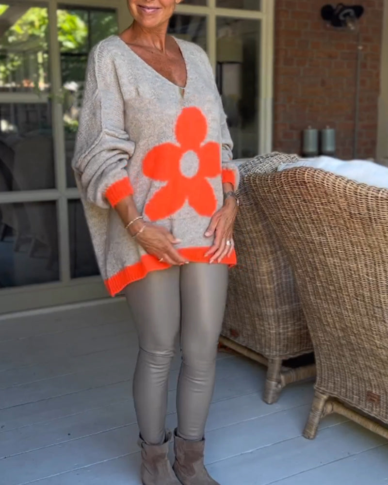 Pull col V à motif fleuri