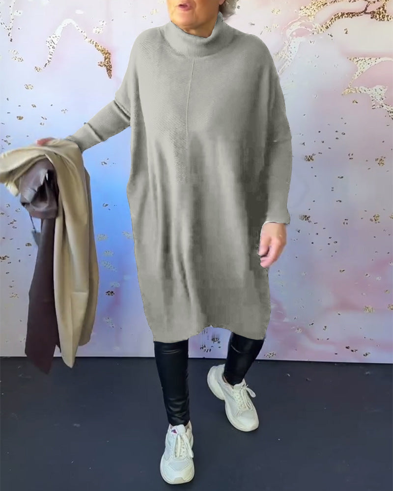 Pull décontracté à manches longues et col montant de couleur unie