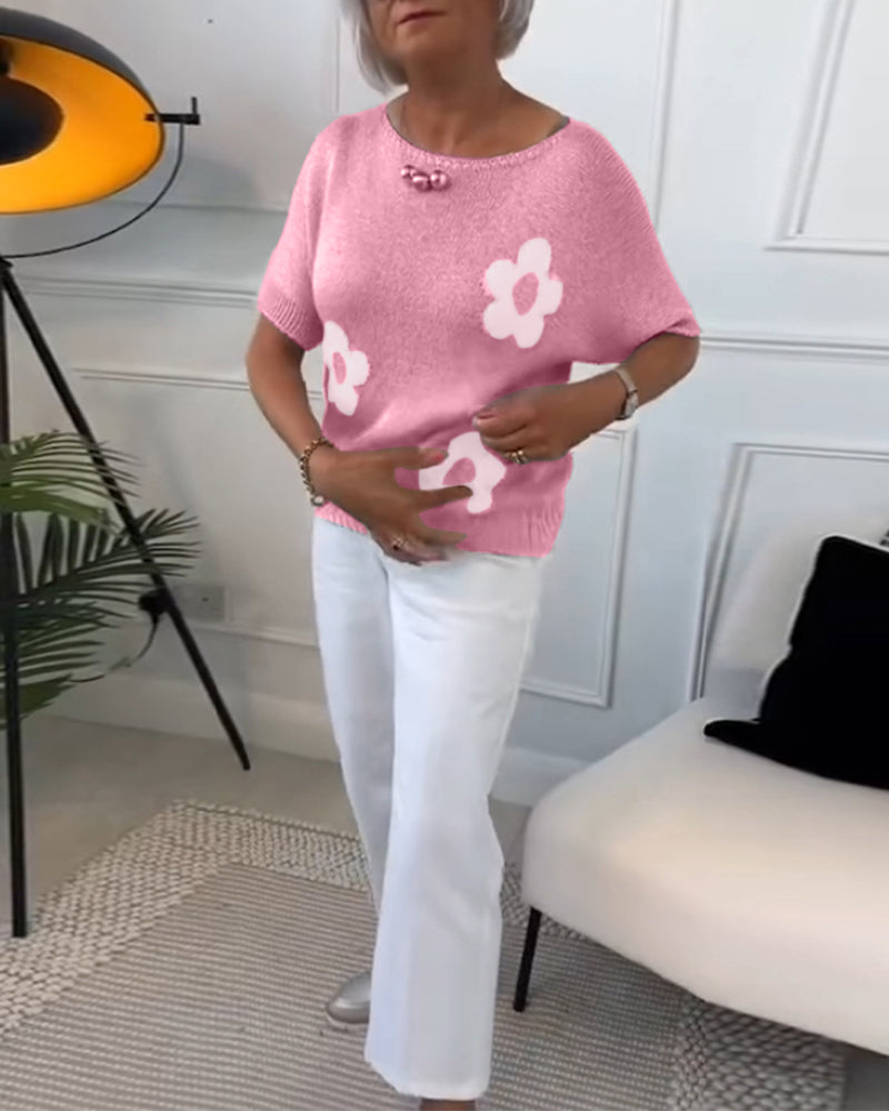 Pull col rond slim fleuri