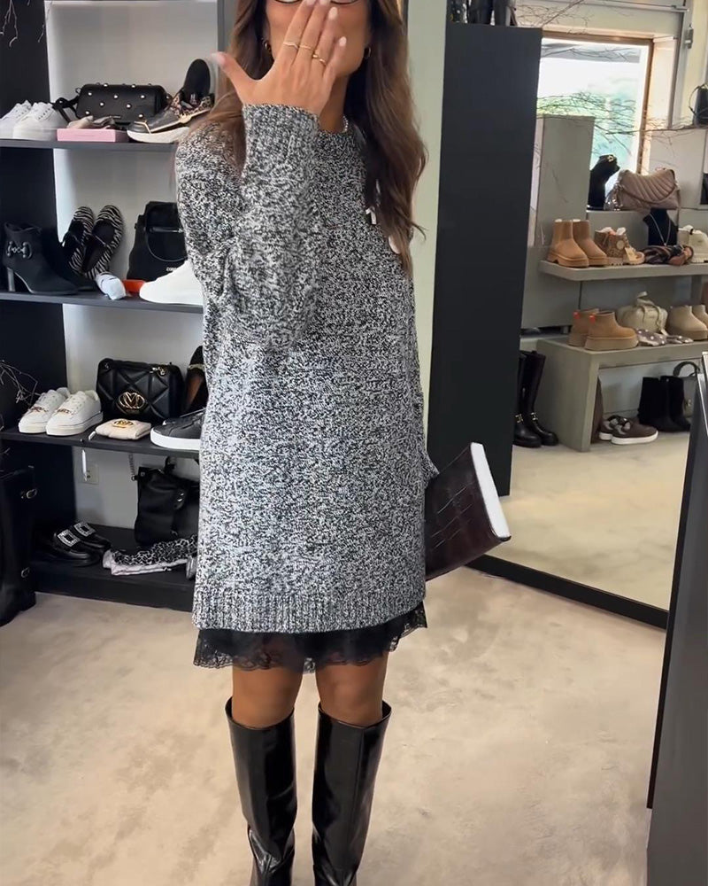 Robe Tricot Couleur Unie Manches Longues À Patchwork