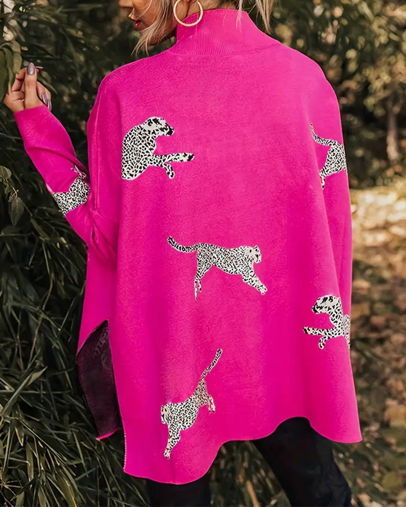 Pull ample à col montant et imprimé léopard