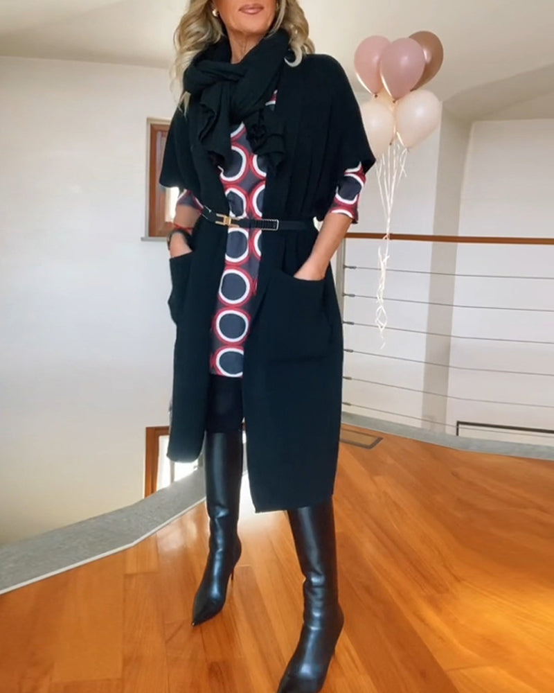 Cardigan décontracté à manches courtes et poches de couleur unie