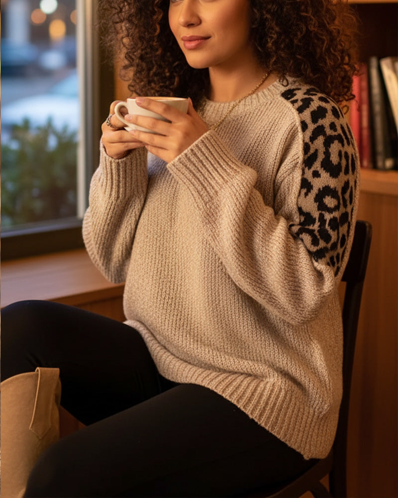 Pull décontracté à col rond et imprimé léopard patchwork