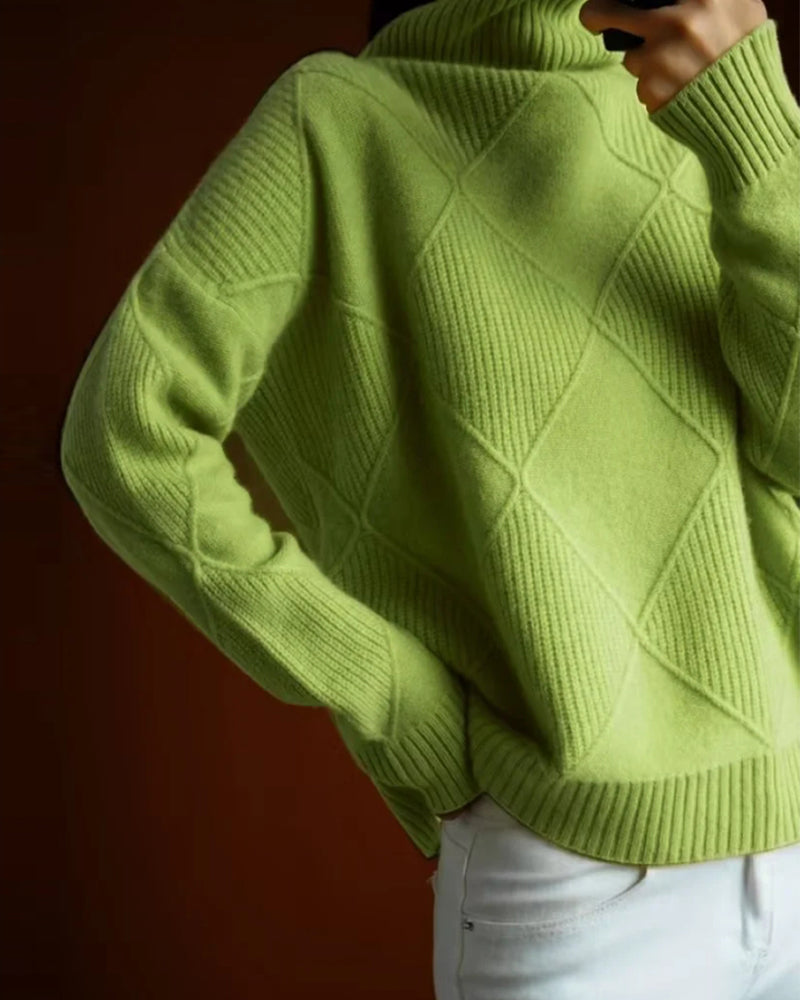 Pull col roulé élégant à motif losanges de couleur unie simple