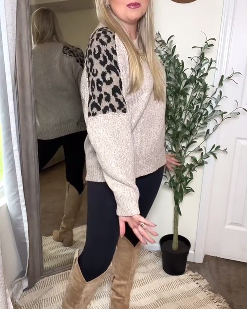 Pull décontracté à col rond et imprimé léopard patchwork