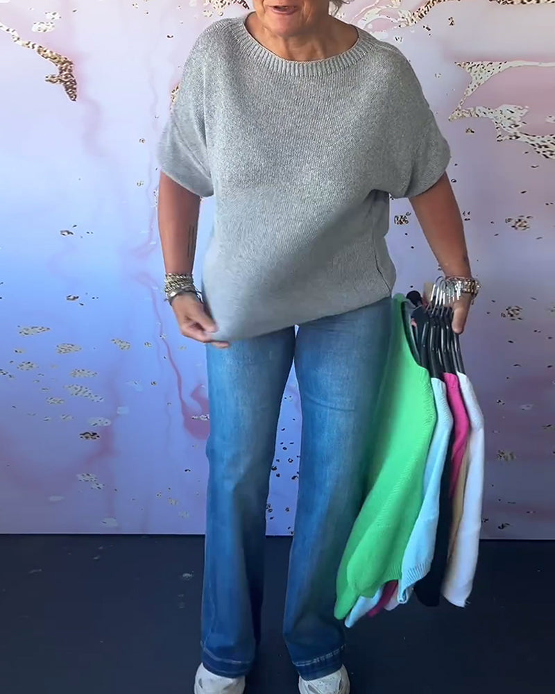 Pull ample décontracté de couleur unie à col rond