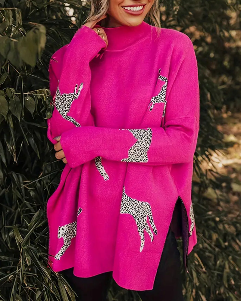 Pull ample à col montant et imprimé léopard