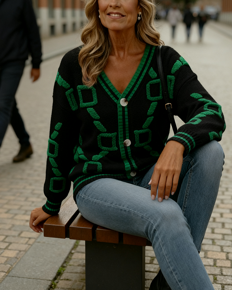 Gilet Cardigan Tendance Couleur Contrastée Col En V