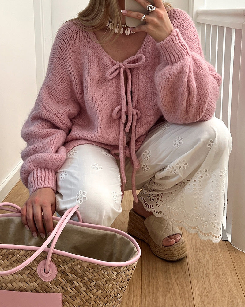 Cardigan à lacets de couleur unie de style paresseux