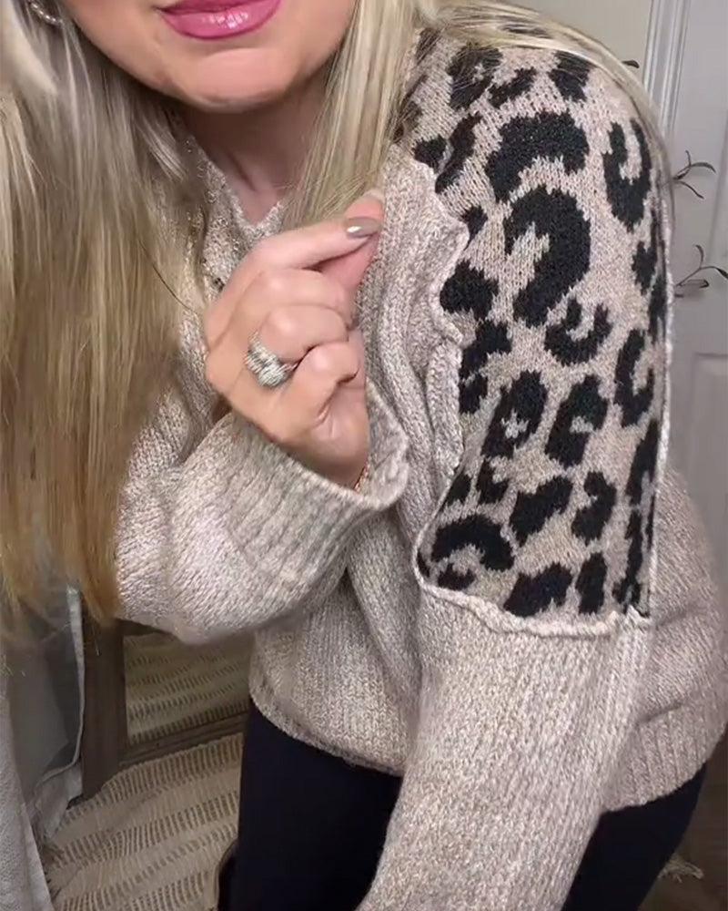 Pull décontracté à col rond et imprimé léopard patchwork