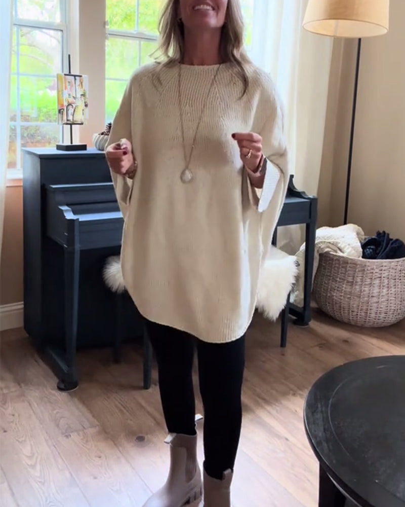 Pull tendance à manches chauve-souris et col rond de couleur unie