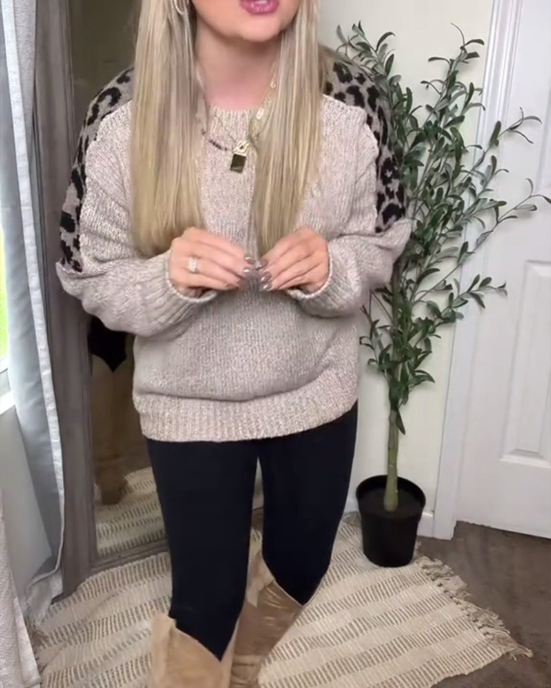 Pull décontracté à col rond et imprimé léopard patchwork