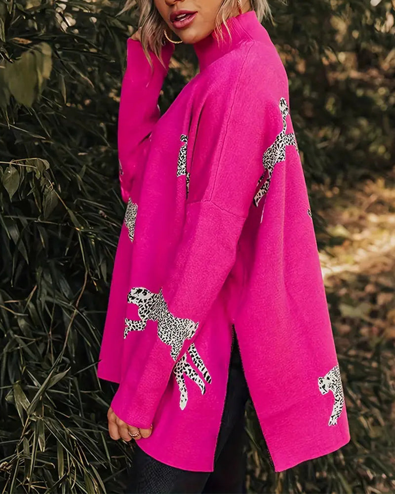 Pull ample à col montant et imprimé léopard