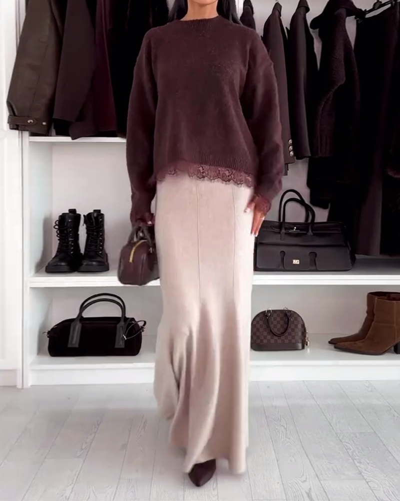 Pull Avec Empiècement En Dentelle Et Col Rond