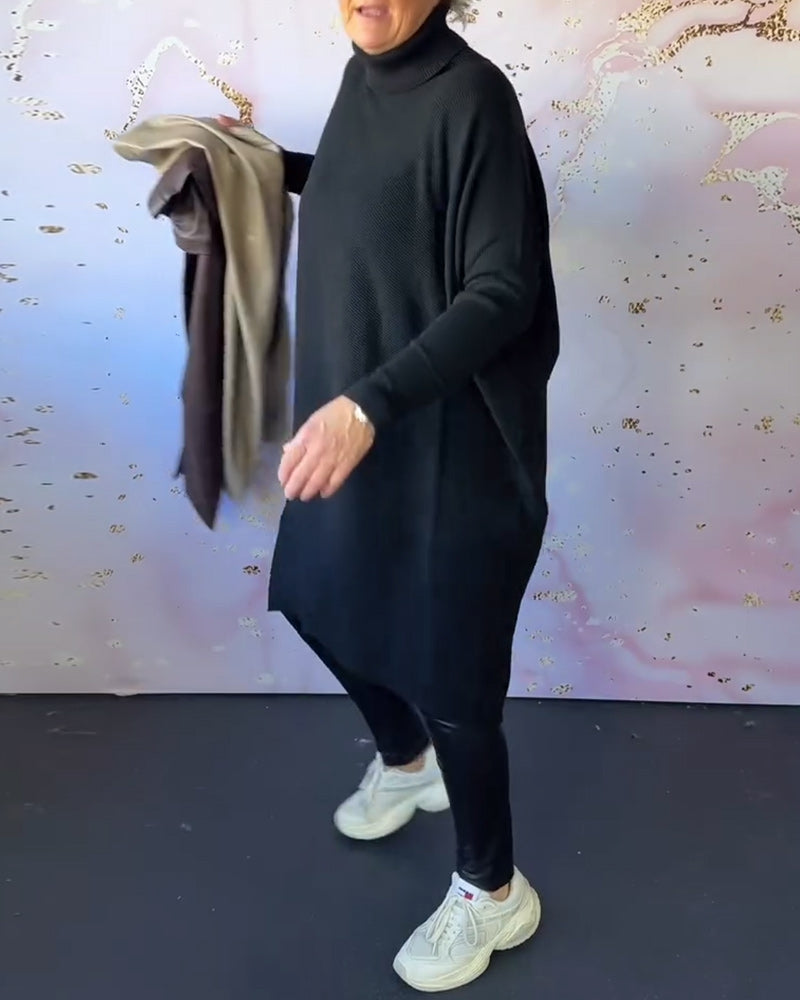 Pull décontracté à manches longues et col montant de couleur unie