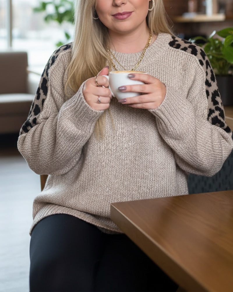 Pull décontracté à col rond et imprimé léopard patchwork