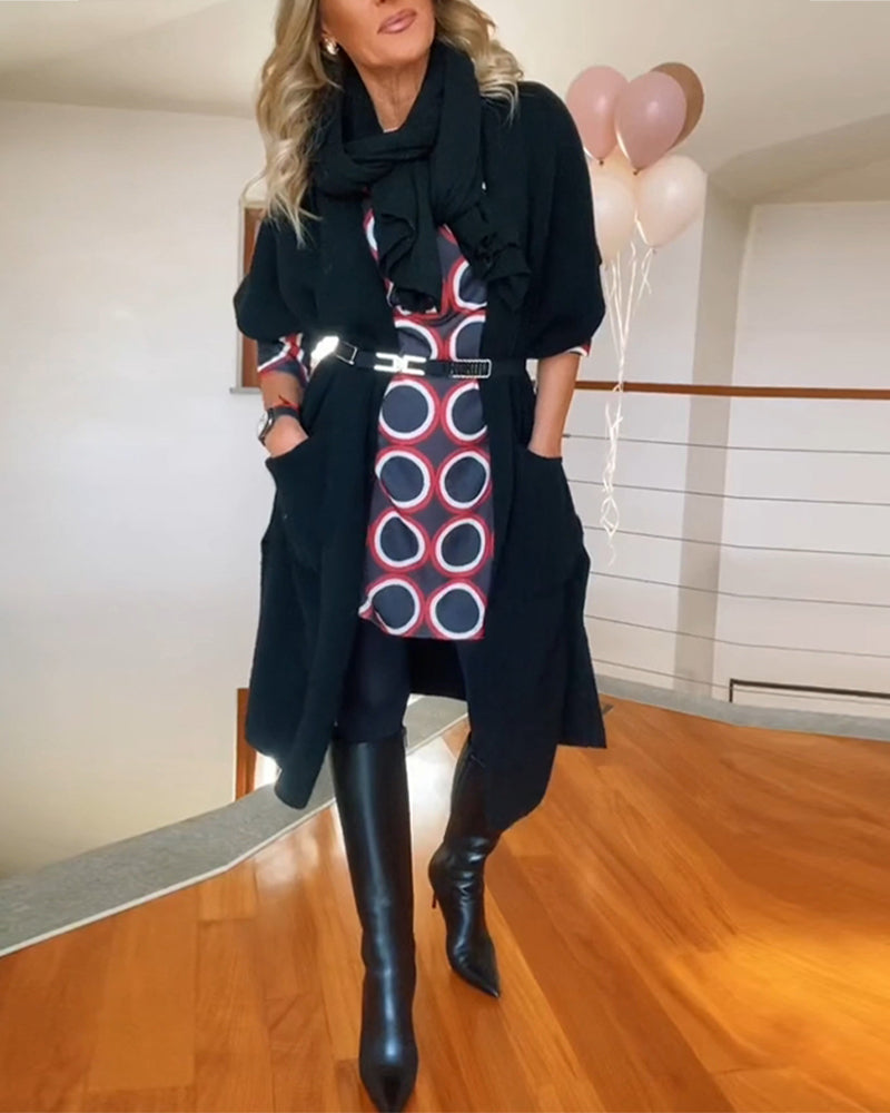 Cardigan décontracté à manches courtes et poches de couleur unie