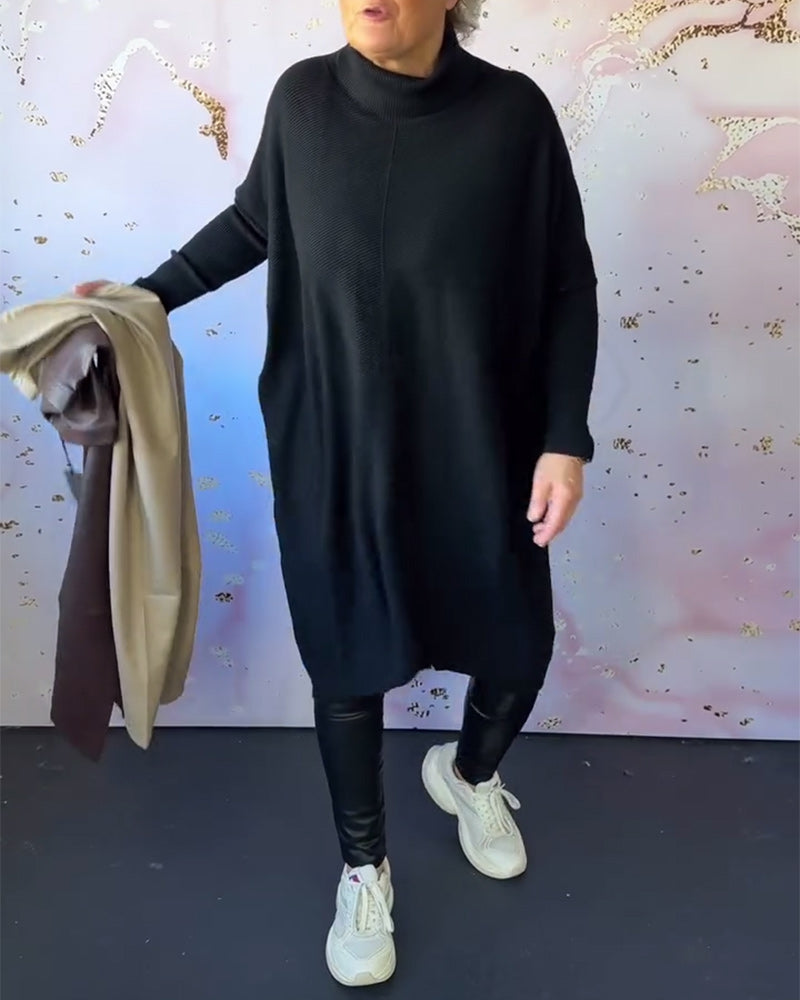 Pull décontracté à manches longues et col montant de couleur unie