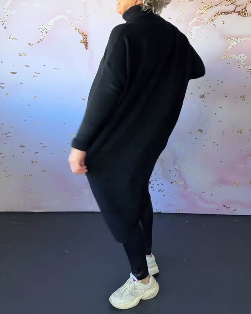 Pull décontracté à manches longues et col montant de couleur unie