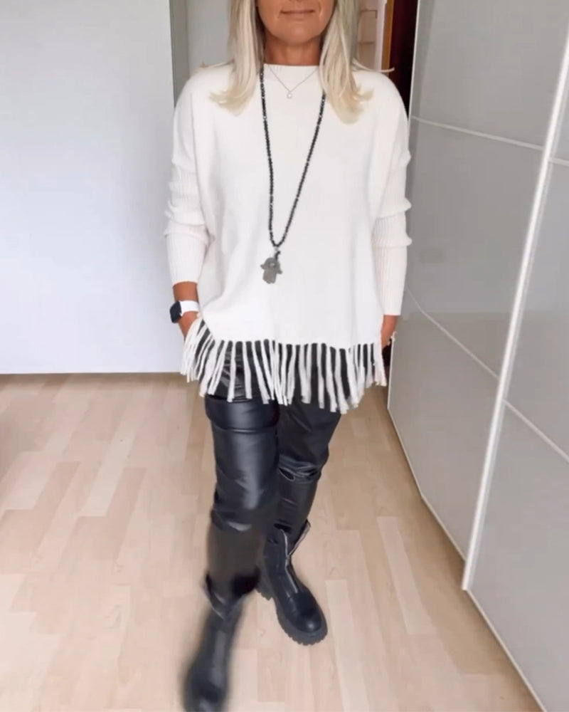 Pull décontracté à franges de couleur unie