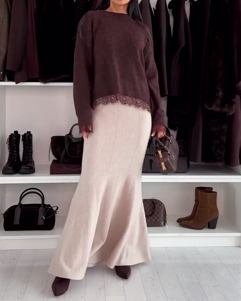 Pull Avec Empiècement En Dentelle Et Col Rond