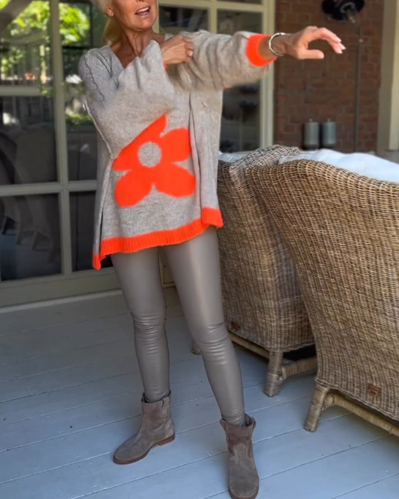 Pull col V à motif fleuri