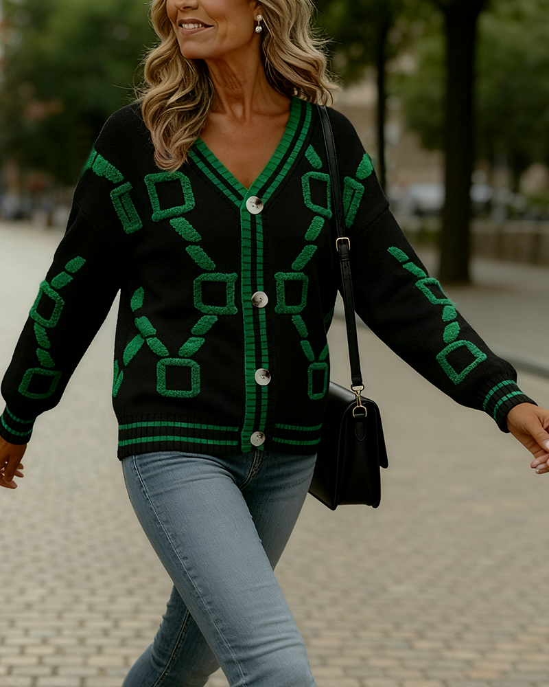 Gilet Cardigan Tendance Couleur Contrastée Col En V