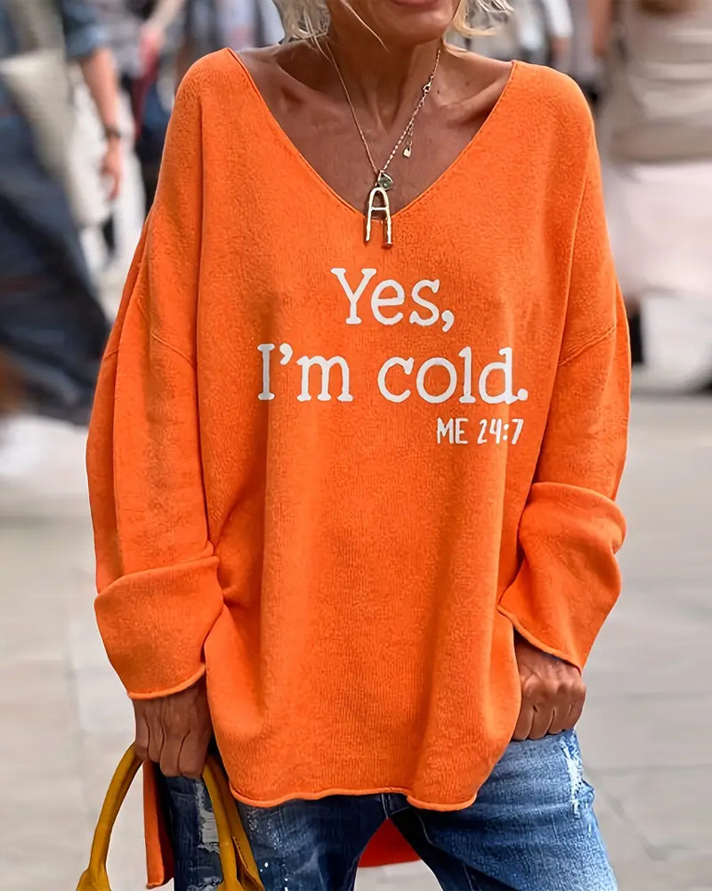 Pull Col En V Imprimé Lettre Ample Décontracté