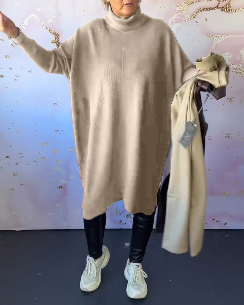 Pull décontracté à manches longues et col montant de couleur unie