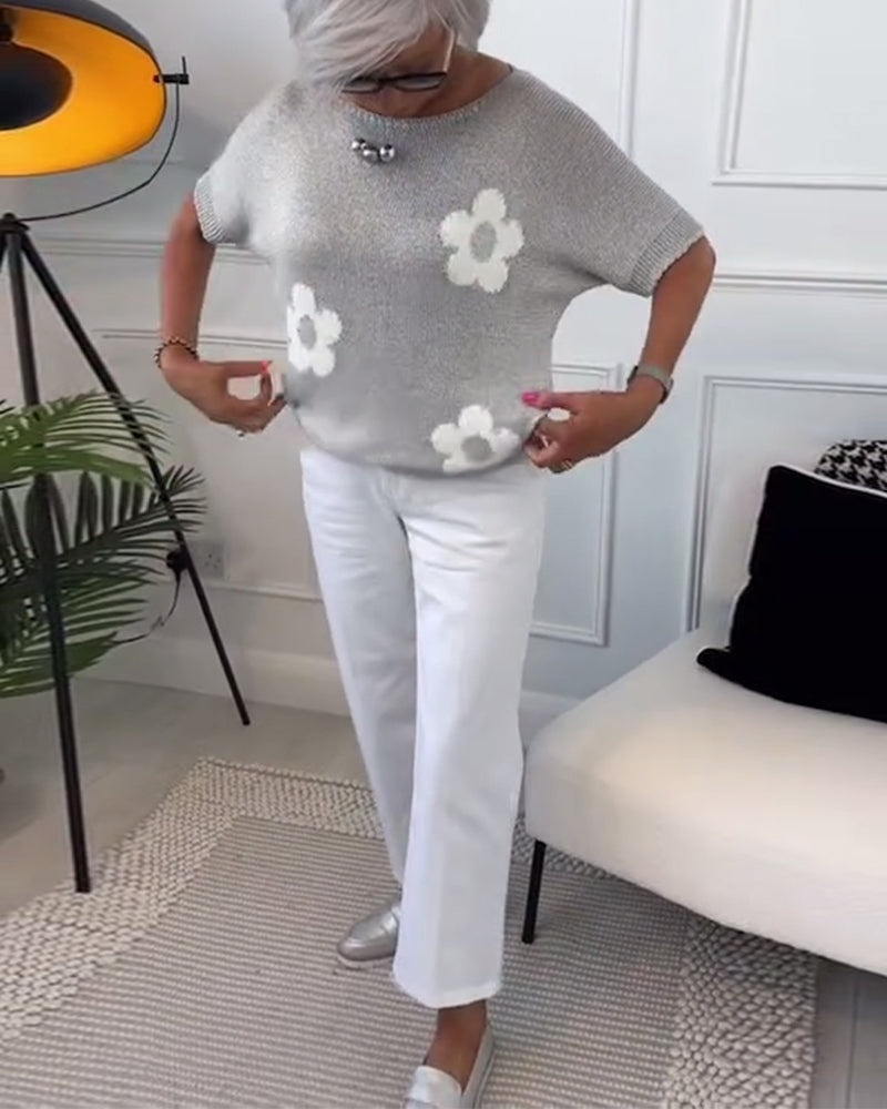 Pull col rond slim fleuri