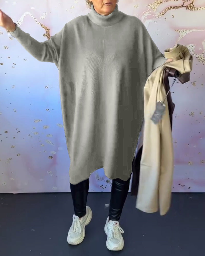 Pull décontracté à manches longues et col montant de couleur unie