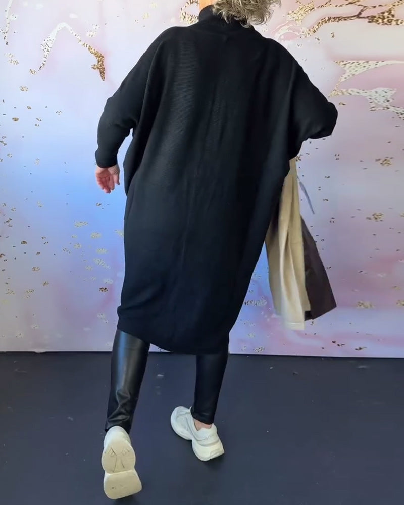 Pull décontracté à manches longues et col montant de couleur unie