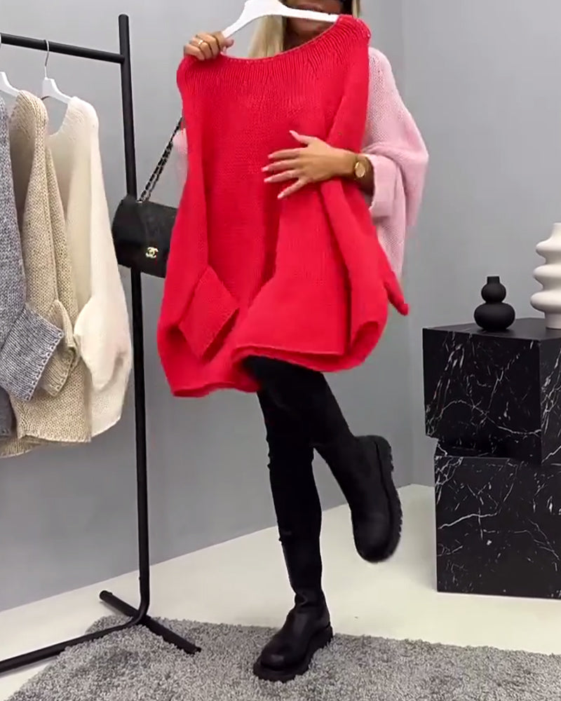 Pull tendance à manches chauve-souris et col rond de couleur unie