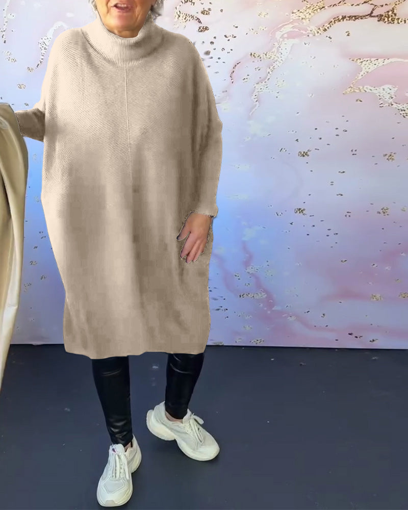 Pull décontracté à manches longues et col montant de couleur unie