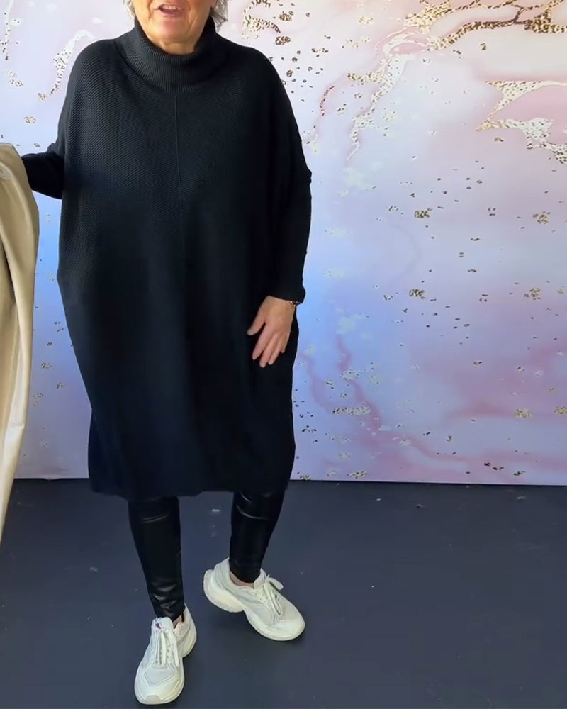 Pull décontracté à manches longues et col montant de couleur unie