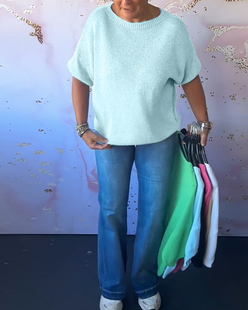 Pull ample décontracté de couleur unie à col rond