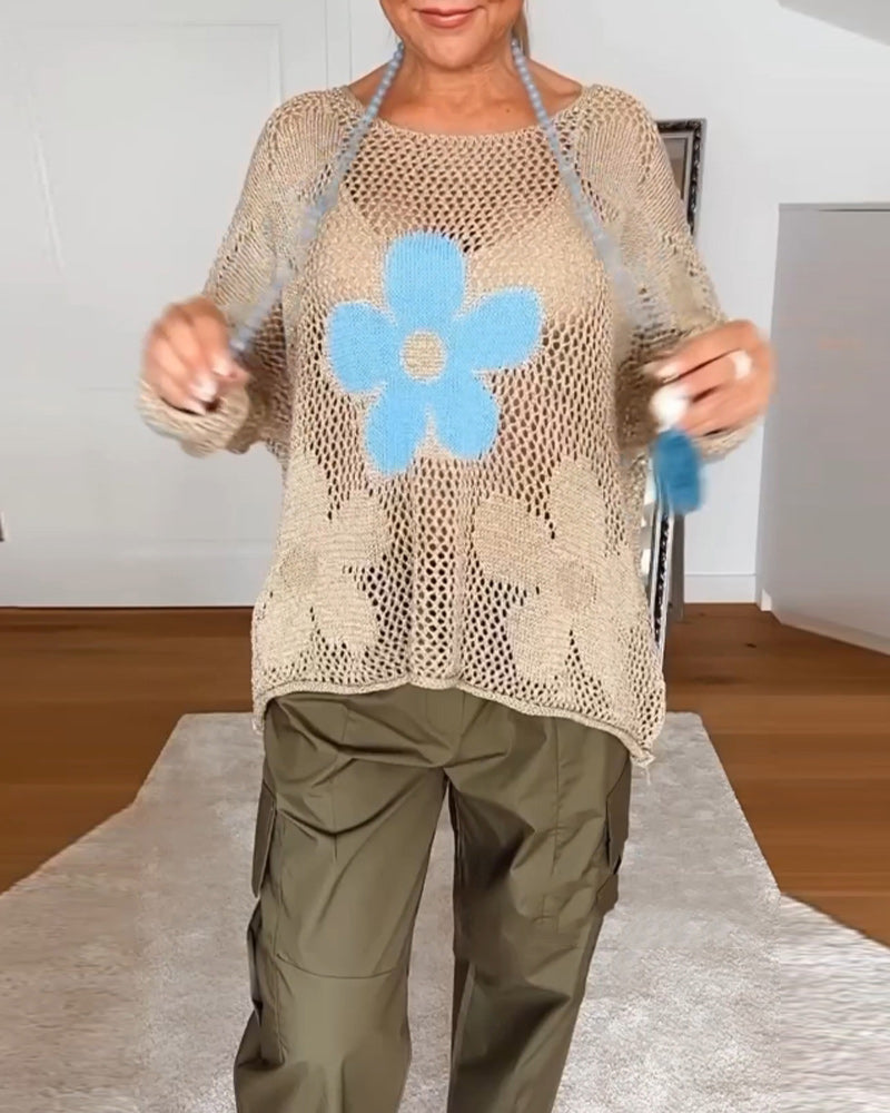 Pull creux décontracté à manches longues et col rond à fleurs