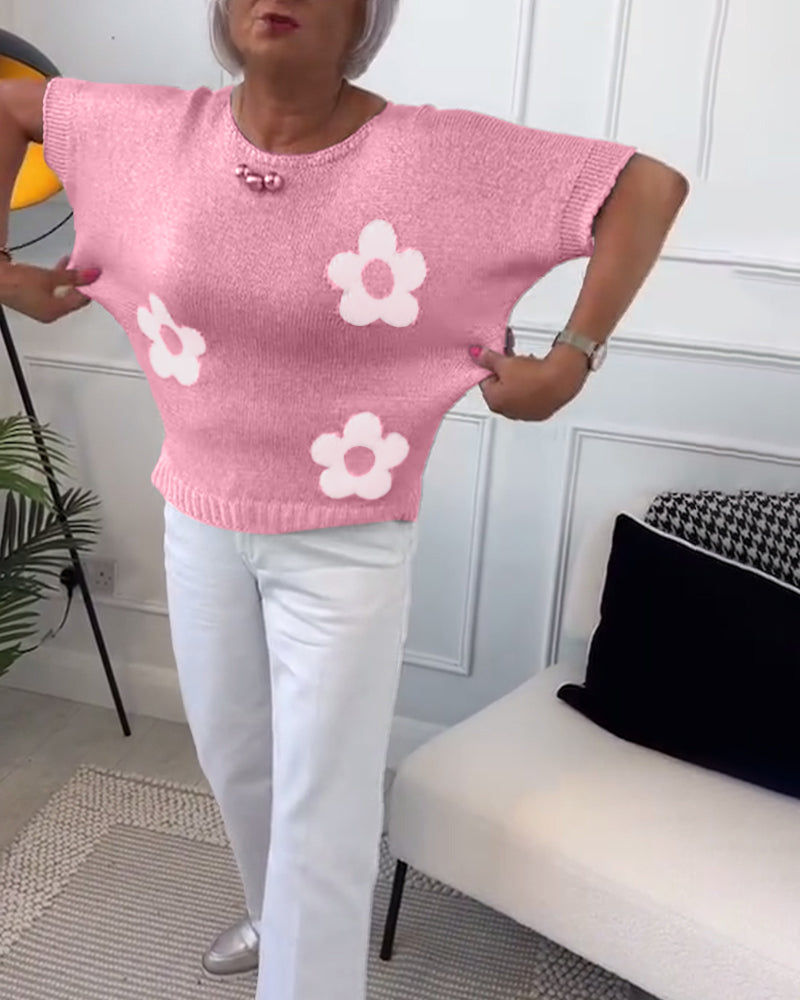 Pull col rond slim fleuri