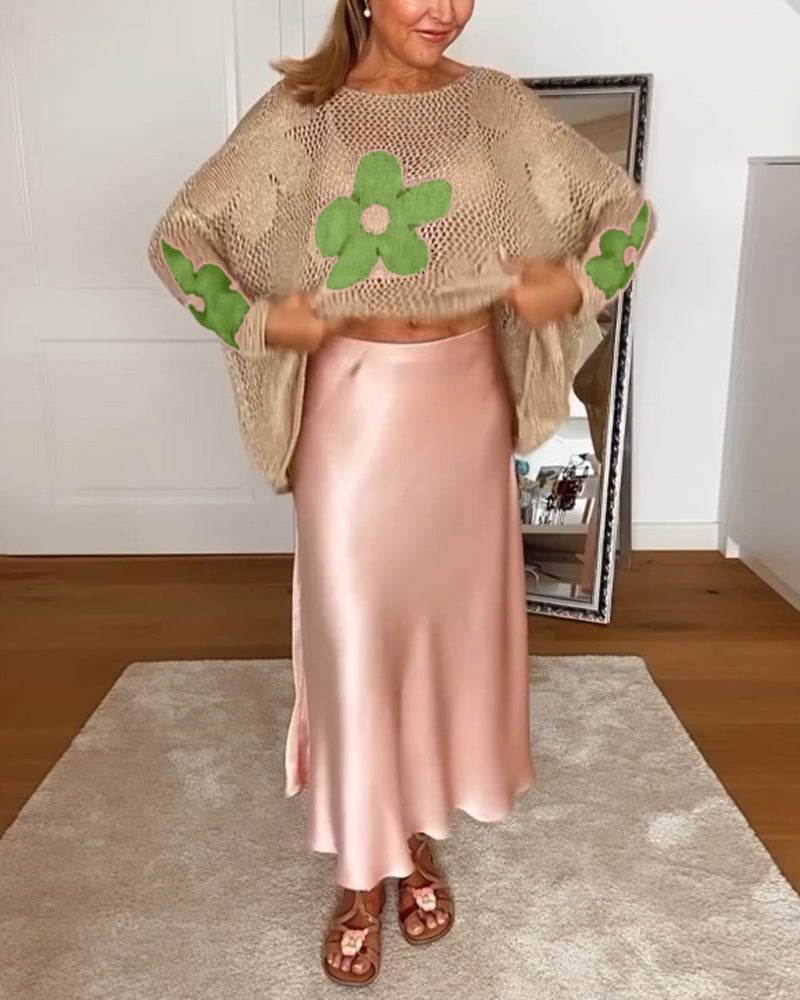 Pull creux décontracté à manches longues et col rond à fleurs