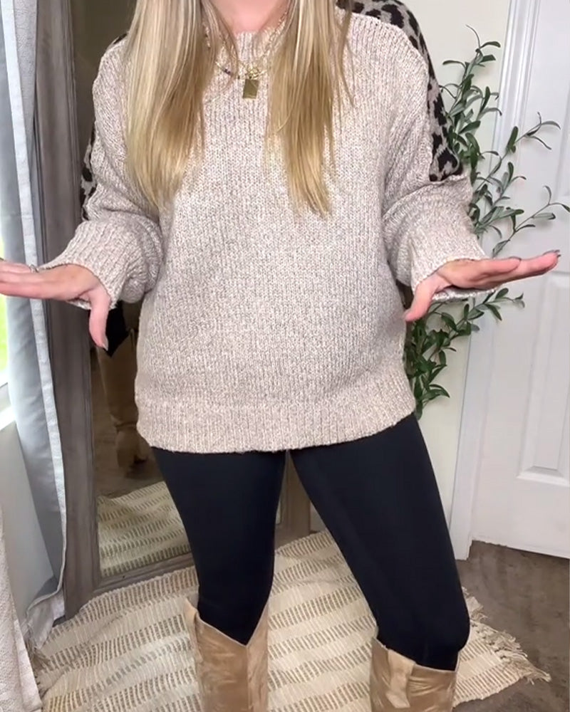 Pull décontracté à col rond et imprimé léopard patchwork