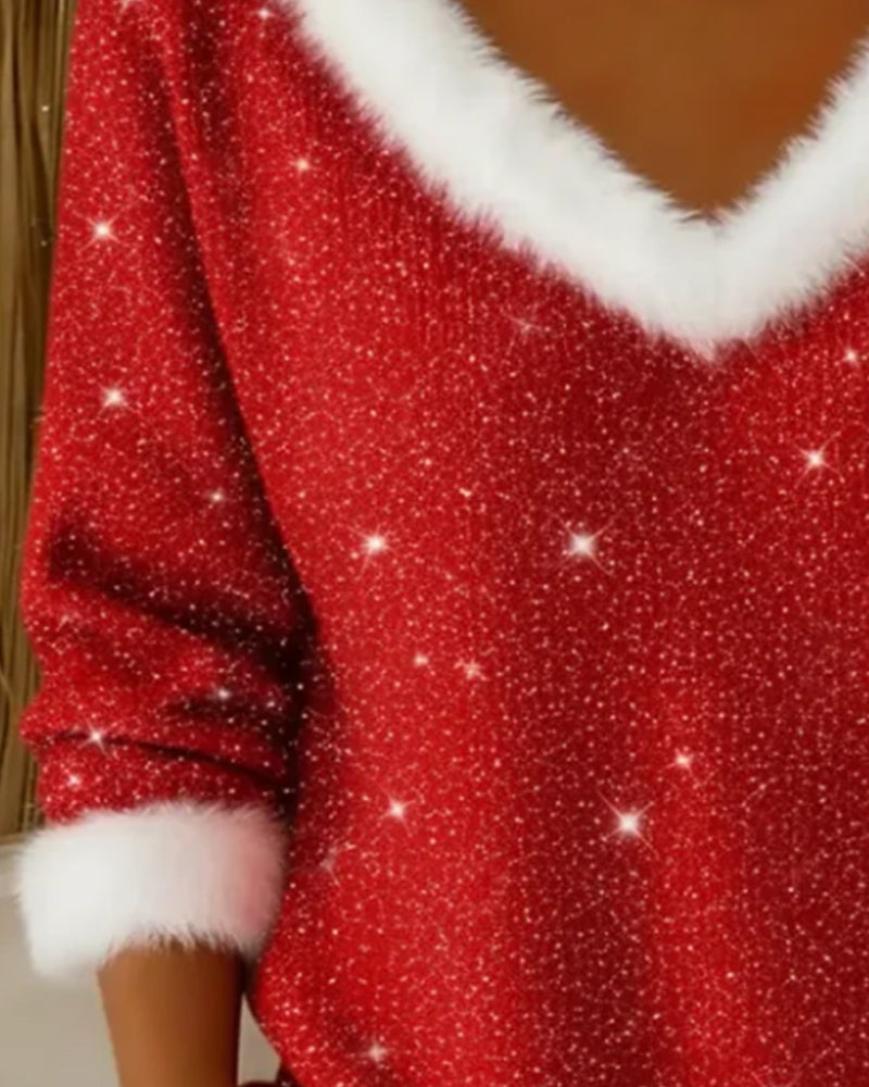 Pull V Col Fourrure Brillant Tendance