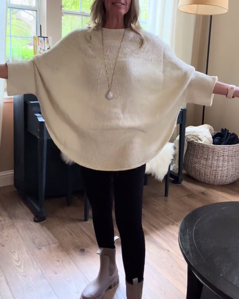 Pull tendance à manches chauve-souris et col rond de couleur unie