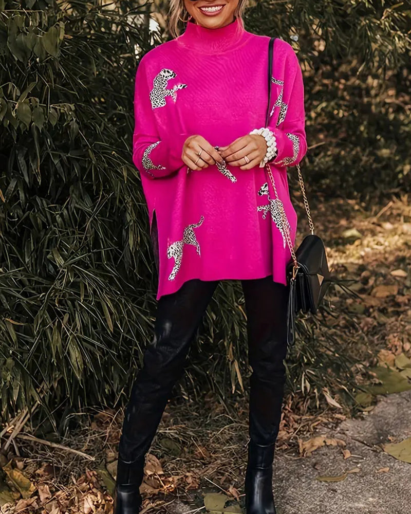 Pull ample à col montant et imprimé léopard