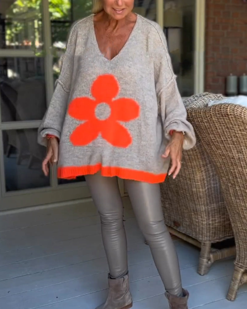 Pull col V à motif fleuri