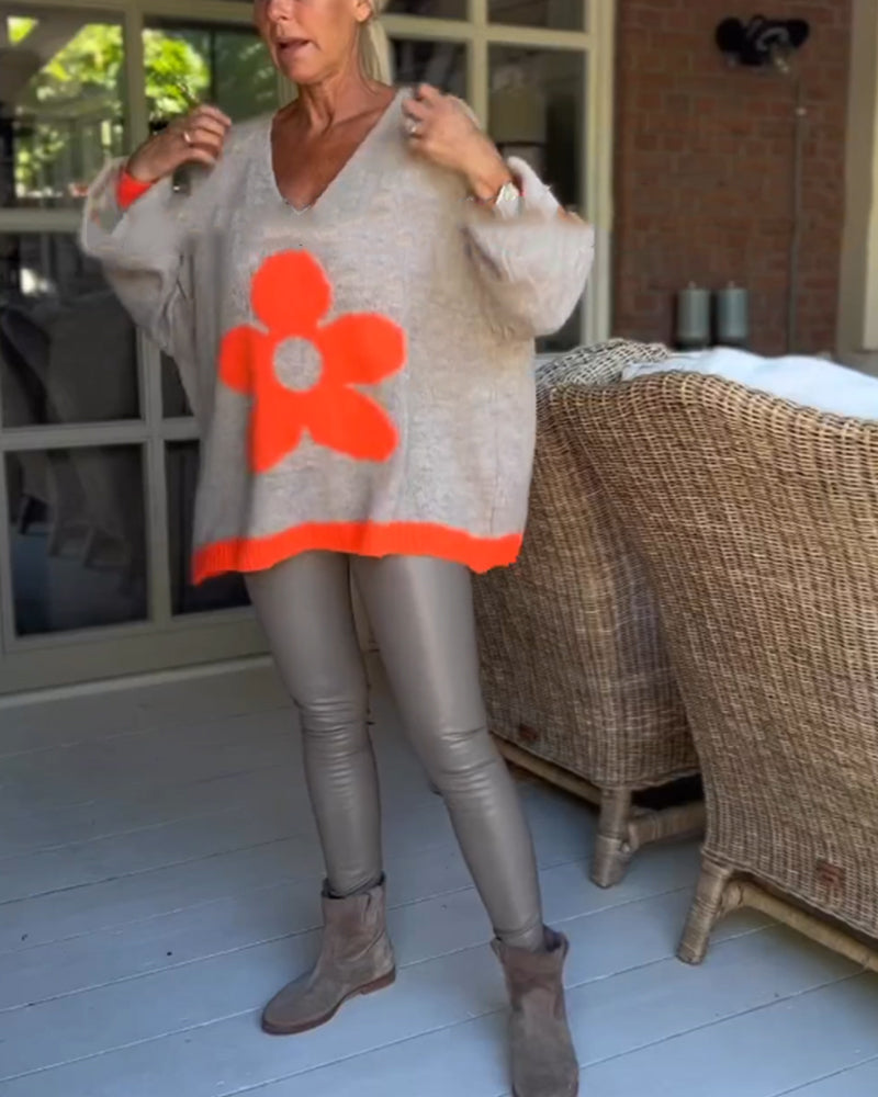 Pull col V à motif fleuri