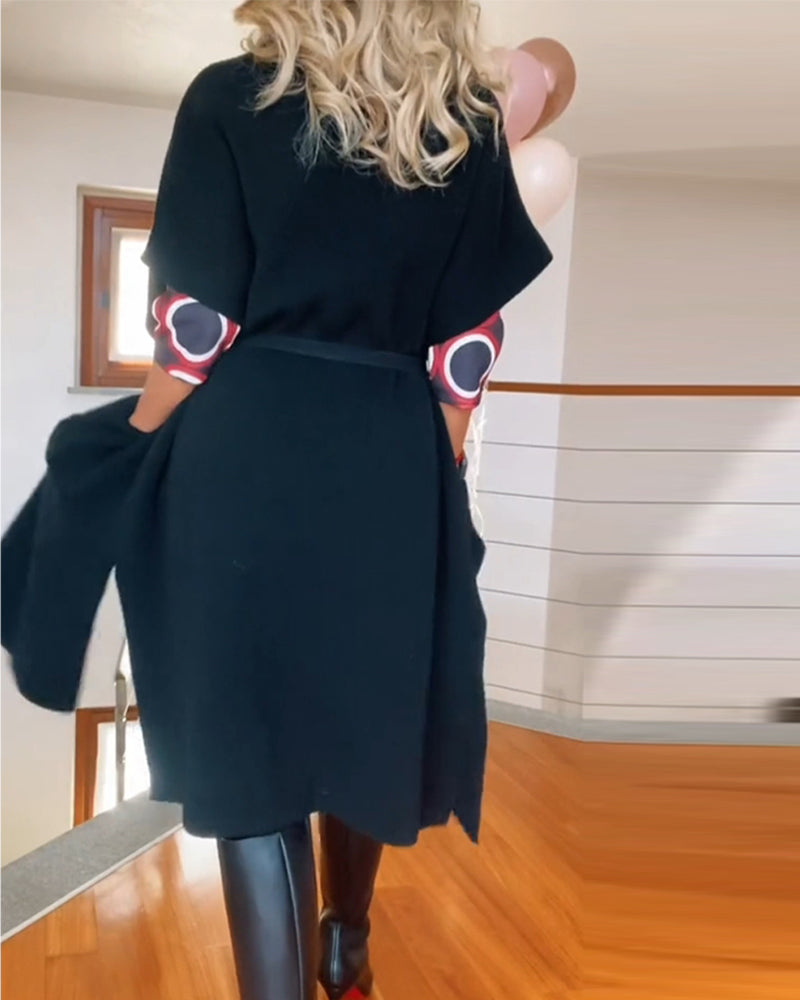 Cardigan décontracté à manches courtes et poches de couleur unie